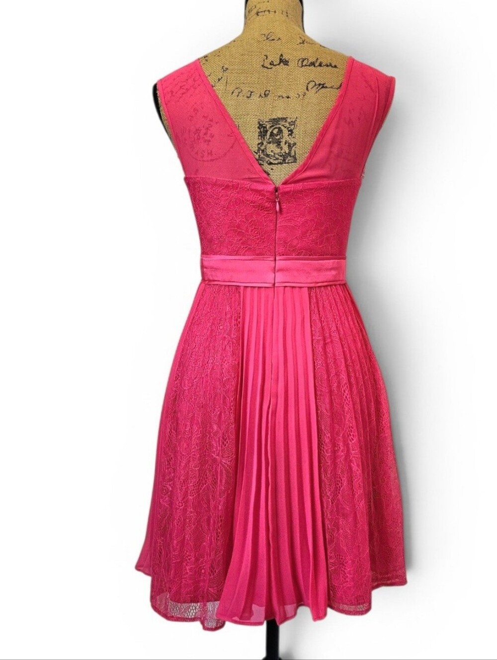 Max Cleo Feminine Hot Pink Lace Pleated Fit & Flare Party Cocktail Dress, Size 2 - Picture 4 of 8